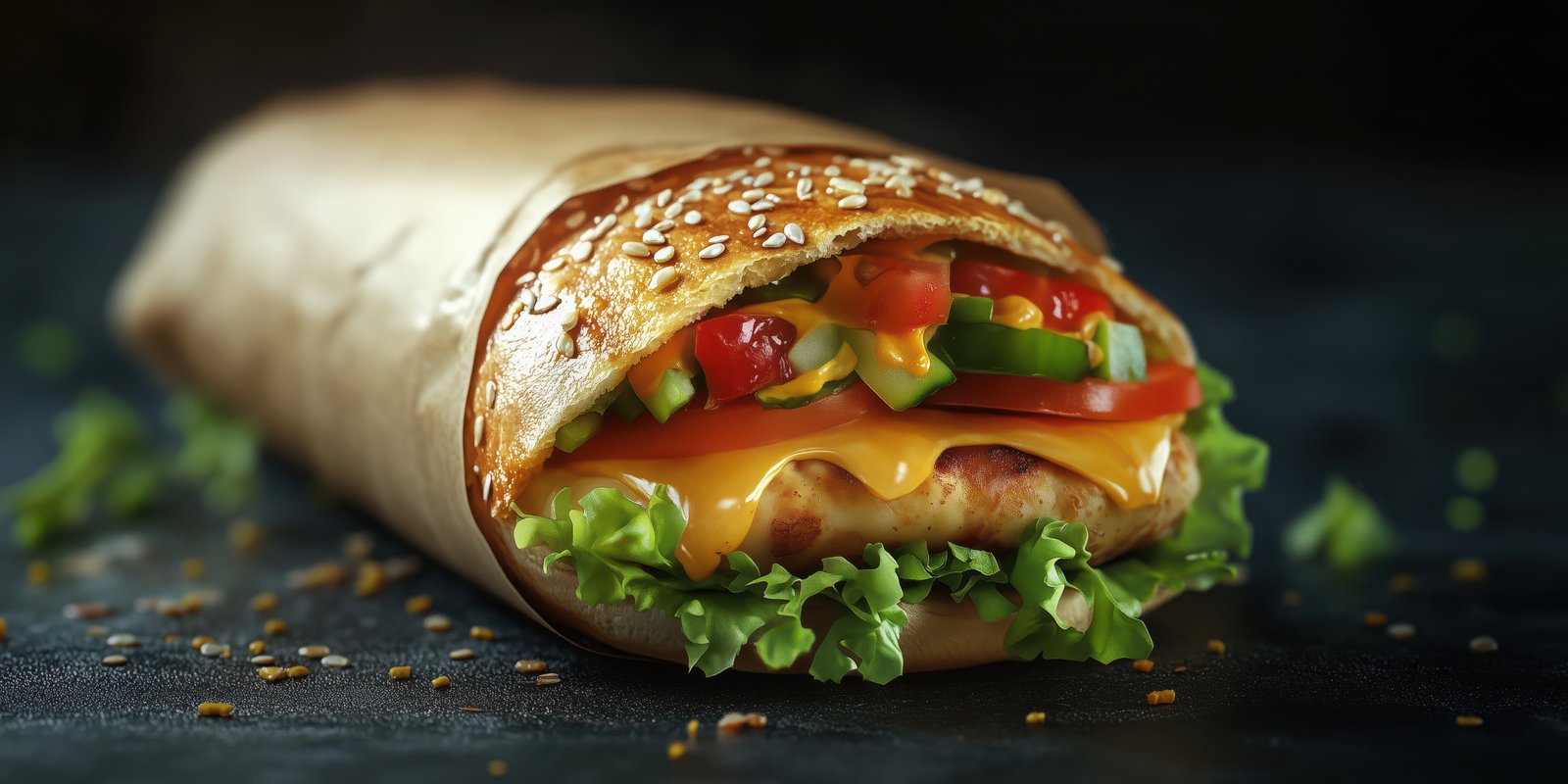 Delicious chicken wrap filled with fresh vegetables and melted cheese on a black background